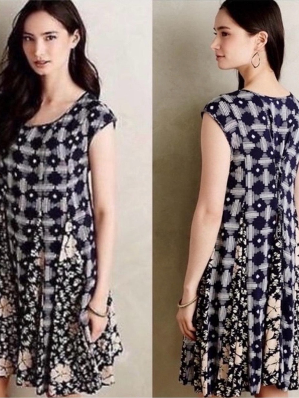 Anthropologie Maeve India Navy & Cream Patterned Cap Sleeve Swing Dress
